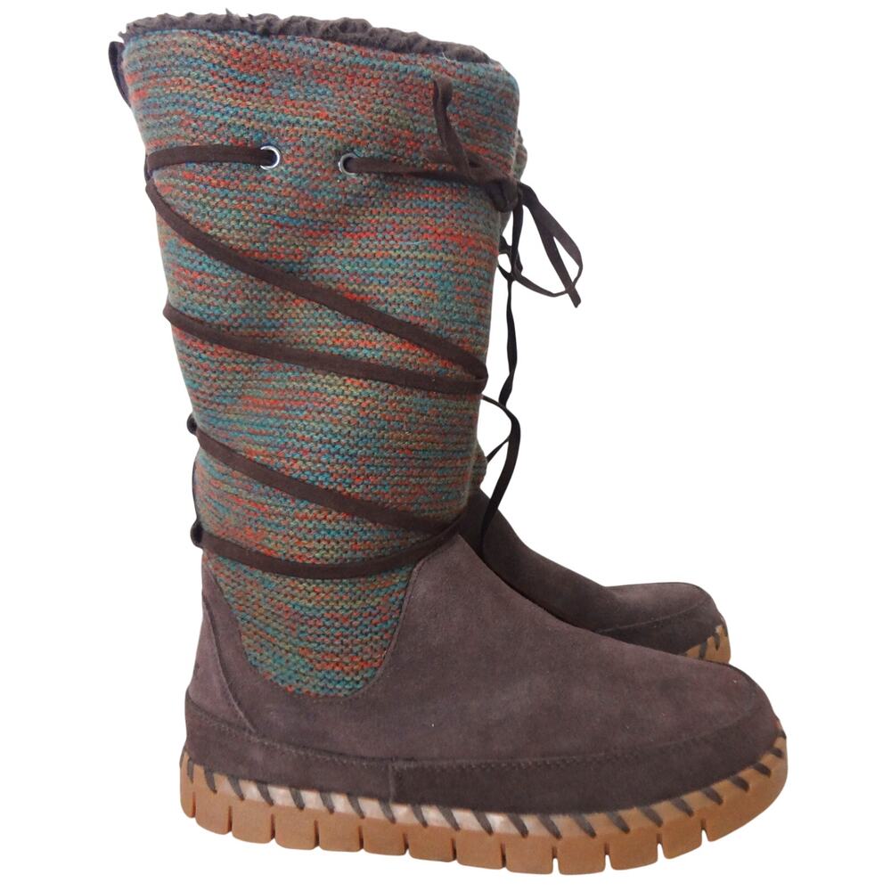 Muk Luks Women 8.5 Flexi New York Tall Suede Brown Sheepskin Tall Boot Faux Fur